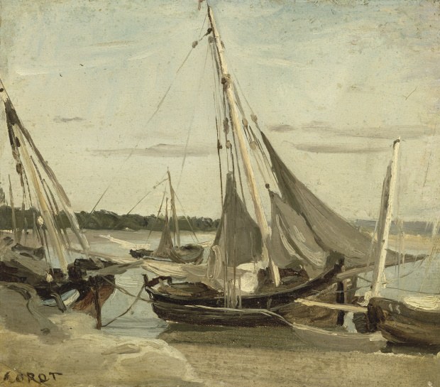 Camille Corot Trouville, bateaux de pêche échoués dans le canal