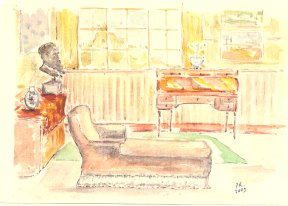 Dans le salon-atelier de Claude Monet à Giverny, Aquarelle Patricia Rynski d'Argence