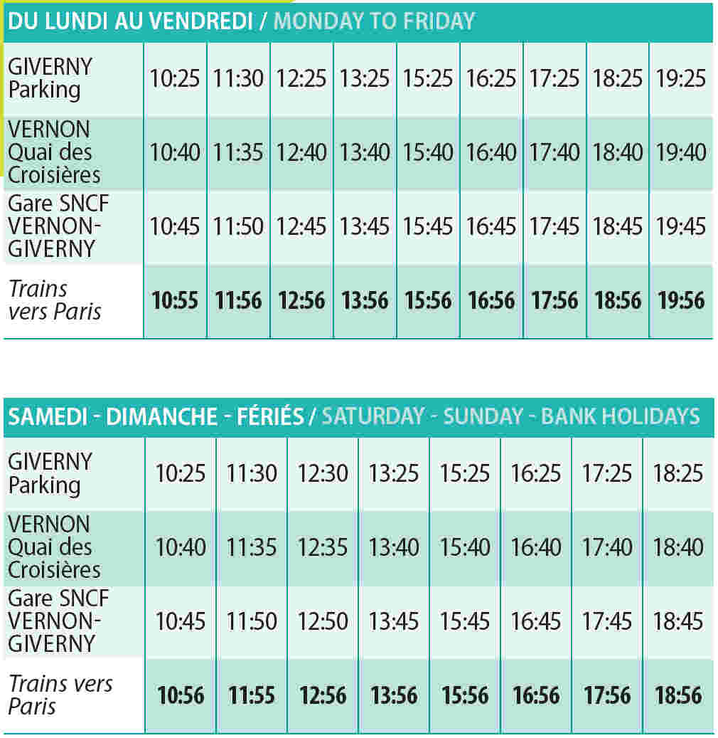 Bus Shuttle from Giverny to Vernon Giverny Train station 2020 schedule